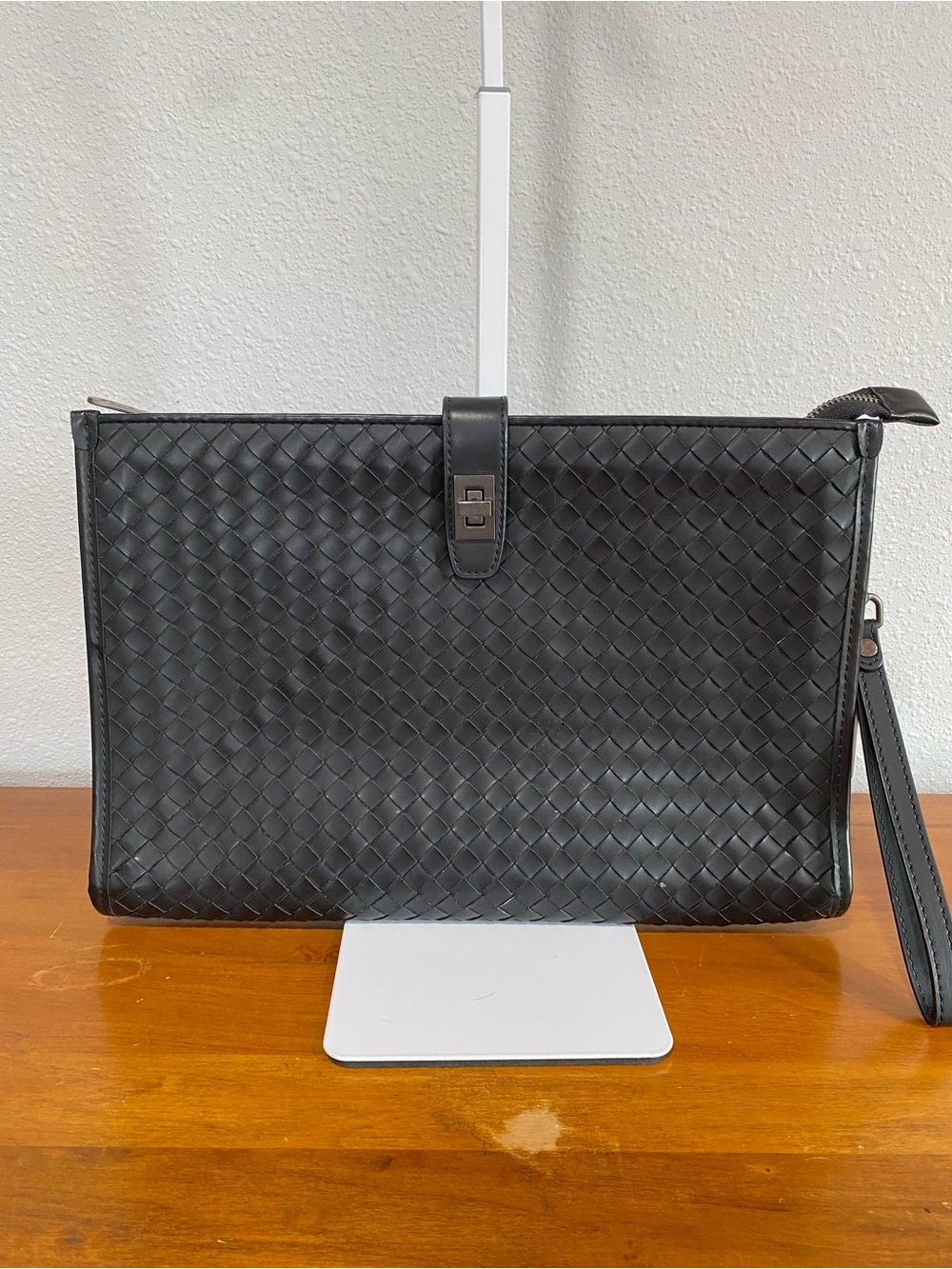 Black Woven Leather Wristlet Clutch